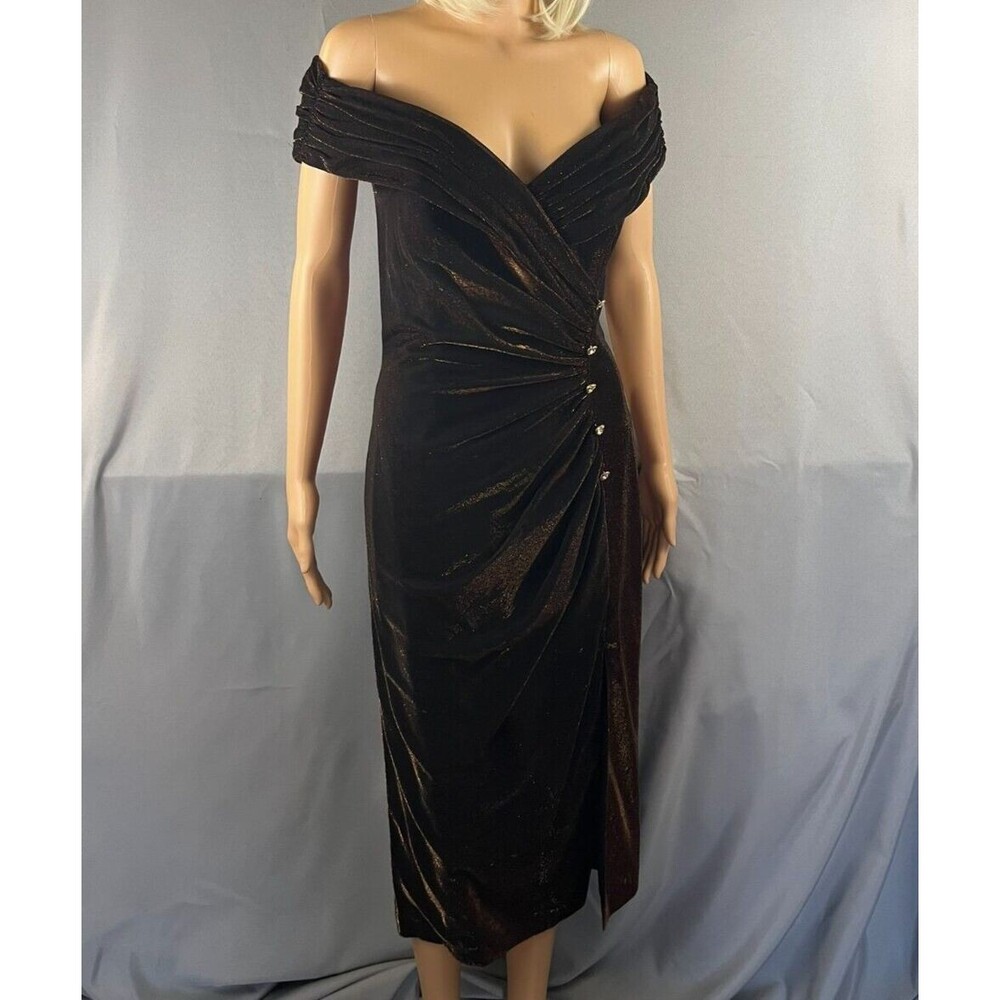 Alex Evenings Women Metallic Brown Glitter Off-The-Shoulder Prom Dress Gown Sz 6